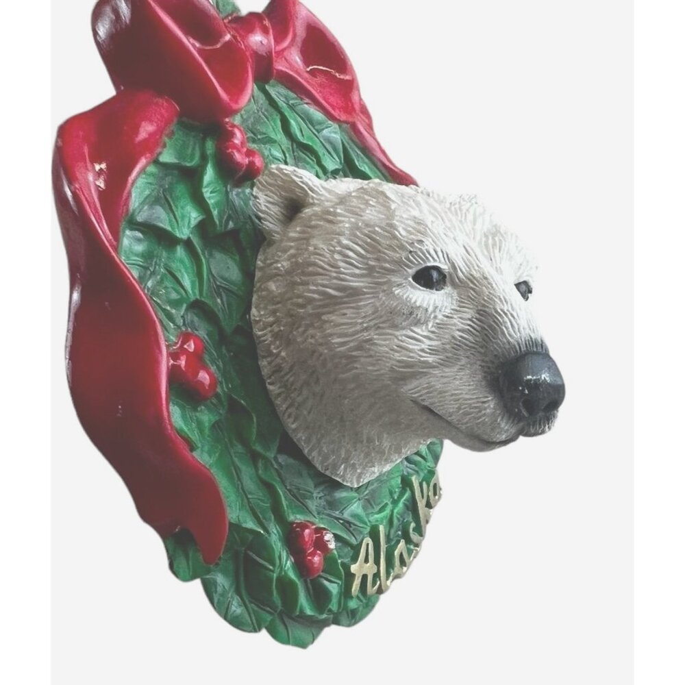 Polar Bear Christmas Ornament Alaska Wreath With Red Bow & Berries - White Green - Picture 4 of 8
